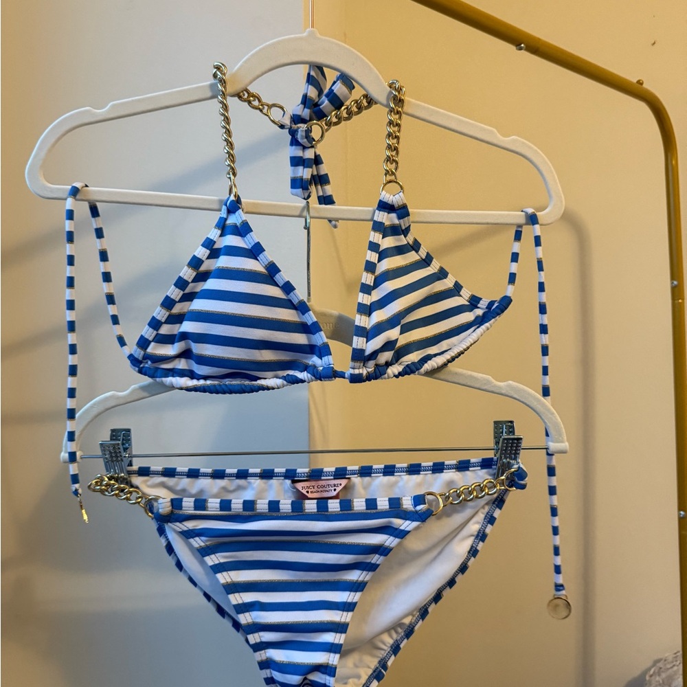 Vintage Y2K Juicy Couture Blue and White Striped Bikini with Gold Accents